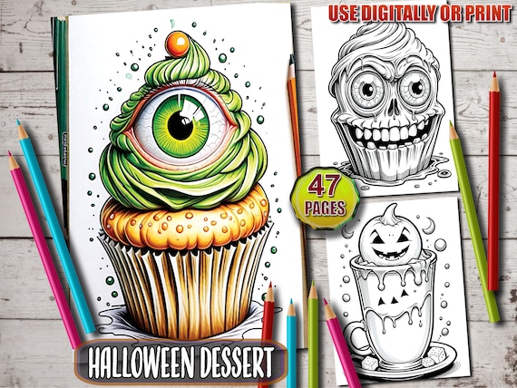 Spooky Halloween Dessert Coloring Pages: 47 Creepy Grayscale Treats (PDF Download)