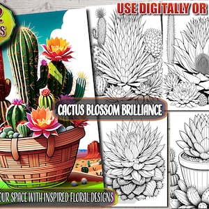 Cactus Blossom Coloring Book: 32 Printable Grayscale Pages (PDF)
