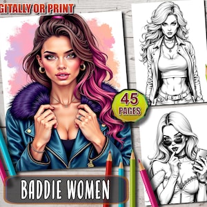Baddie Women Grayscale Coloring Book, Fierce and Sassy Female Portrait, Digital Download for Adults & Teens, Instant Download, Printable PDF