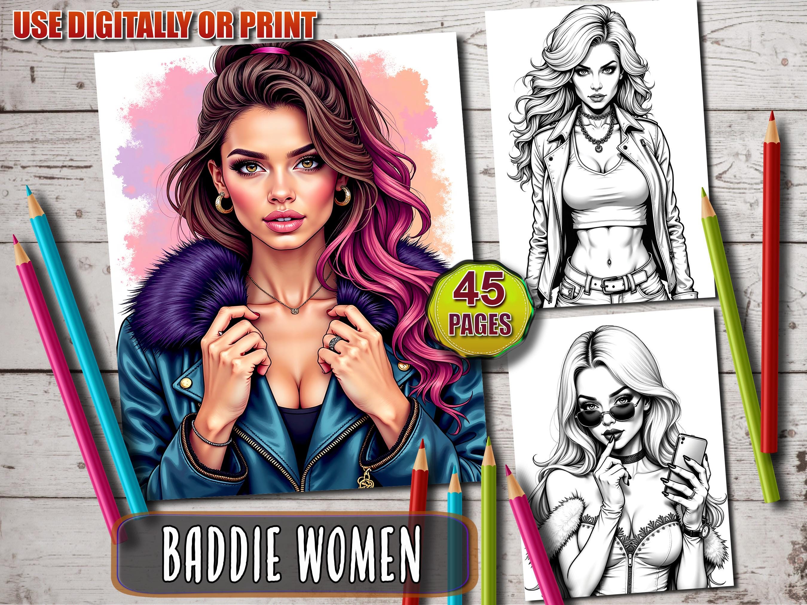 Baddie Women Coloring Book: Grayscale Female Portraits (Digital Download)