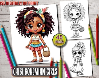 Chibi Bohemian Girls Coloring Book: 45 Kawaii Pages (Printable PDF)