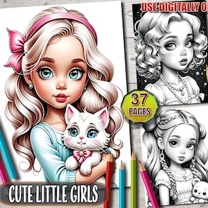 Lindas páginas para colorear de niñas pequeñas, libro para colorear de niñas adorables, 37 conceptos de personajes encantadores, hojas en escala de grises, PDF imprimible