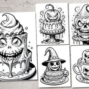 May include: A set of four black and white illustrations featuring spooky Halloween-themed cakes and desserts. The illustrations include a pumpkin cake, a skull-faced cake, a witch hat cake, and a skull-shaped coffee cup.