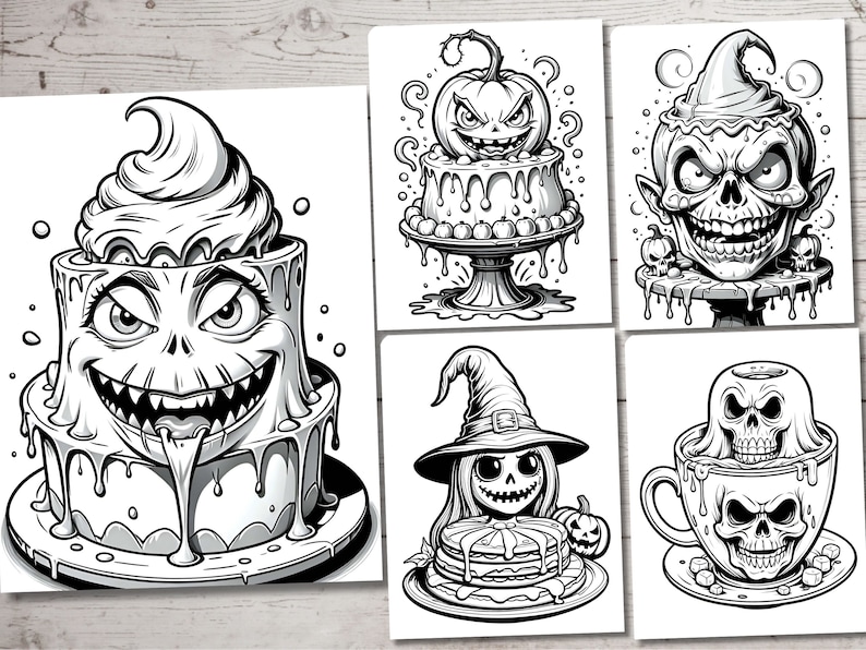 May include: A set of four black and white illustrations featuring spooky Halloween-themed cakes and desserts. The illustrations include a pumpkin cake, a skull-faced cake, a witch hat cake, and a skull-shaped coffee cup.