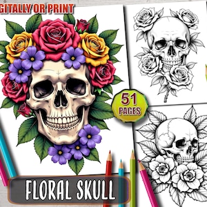 50 Floral Skull Coloring Pages – Intricate Floral Skull Coloring Book for Adults & Kids – Flower Coloring Book – Printable PDF File