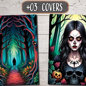 May include: Two Halloween themed illustrations. The first shows a dark forest path with a figure walking down the center. The second shows a woman with dark hair and a skull in front of her. She has a skull face paint and orange eyes.