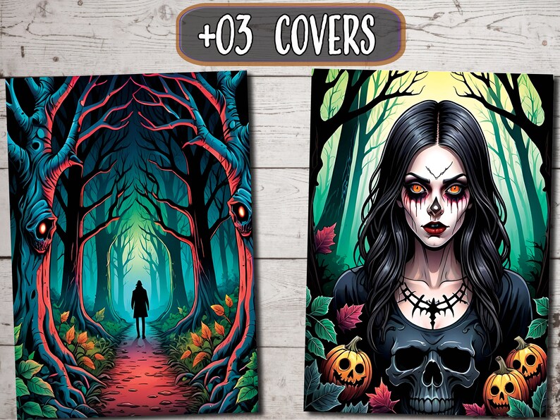 May include: Two Halloween themed illustrations. The first shows a dark forest path with a figure walking down the center. The second shows a woman with dark hair and a skull in front of her. She has a skull face paint and orange eyes.
