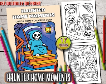 Könnte beinhalten: Ein Malbuch mit dem Titel Haunted Home Moments Cute & Comfy Coloring Book mit 17 Seiten. Das Cover zeigt ein blau gekapertes Skelett mit einer Sense auf einer Treppe, einer Laterne und einem Spinnennetz. Zwei schwarz-weiße Malvorlagen sind enthalten.