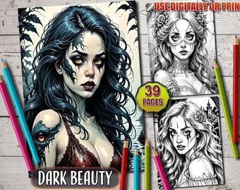 May include: A coloring book cover featuring a dark-haired woman with a dramatic, gothic style. The woman has a tattoo of a creature with a large eye on her arm. The cover text reads "Dark Beauty".