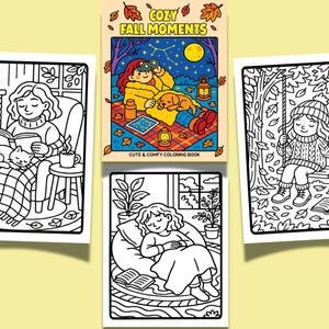 Op de afbeelding: Een verzameling kleurboekpagina's met gezellige herfstthema's. E&eacute;n pagina toont een persoon die bij een open haard leest, een andere toont een persoon op een schommel en een derde toont een slapende persoon. De omslag luidt "Cozy Fall Moments".