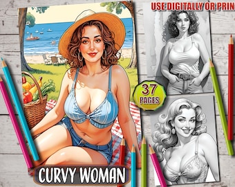 Curvy Women Coloring Book: Grayscale Art, Body Positive (Printable PDF)
