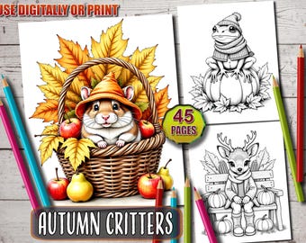 May include: A coloring book titled "Autumn Critters" with 45 pages. The cover features a hamster in a basket with fall leaves and apples. Other pages show a frog on a pumpkin and a deer on a bench. Colored pencils are in the foreground.