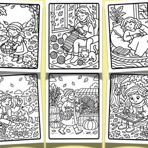 Op de afbeelding: Een verzameling van zes zwart-wit kleurplaten met herfsttaferelen. De illustraties tonen kinderen die verschillende herfstactiviteiten uitvoeren, zoals appels plukken, breien, lezen en een kampvuur.