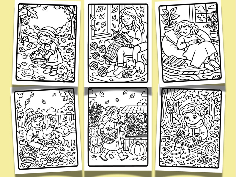 Op de afbeelding: Een verzameling van zes zwart-wit kleurplaten met herfsttaferelen. De illustraties tonen kinderen die verschillende herfstactiviteiten uitvoeren, zoals appels plukken, breien, lezen en een kampvuur.
