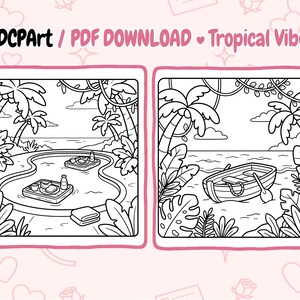 May include: Two black and white illustrations with a tropical theme. One shows a pool with floating trays, the other a rowboat on the shore. Text reads "ADCPart / PDF DOWNLOAD Tropical Vibes".