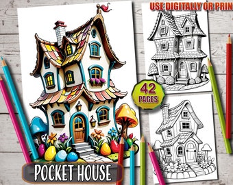 Enchanting Pocket Houses Coloring Pages:Detailed Printable PDF Coloring Book for Kids and Adults - Instant Download,Tiny Homes Coloring Book