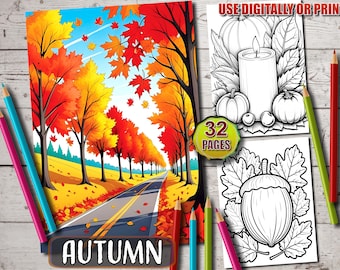 Autumn Coloring Book: 32 Fall-Themed Grayscale Designs (PDF File)
