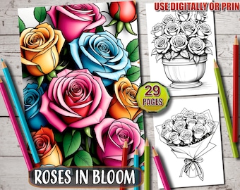 Libro para colorear de rosas: 29 páginas florales para colorear (patrón PDF)