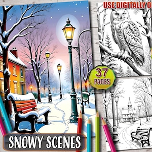 37 Verschneite Winterlandschaften zum Ausmalen, Schneelandschaften, Winterlandschaften, PDF-Download für Erwachsene und Kinder