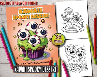 May include: A coloring book titled "Kawaii Spooky Dessert" with a cupcake illustration featuring eyeball candies. The book is open to show line art drawings of Halloween treats. The cover and pages are surrounded by colored pencils.