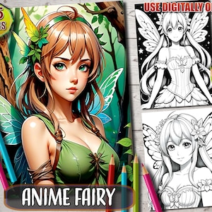 Zauberhaftes Anime Fee Malbuch: Fantasy Seiten in Graustufen für Kinder & Erwachsene, niedlicher Manga Stil, Sofort Download druckbare PDF