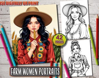 Farm Women Portraits Coloring Book: 42 Grayscale Pages (Instant Download)