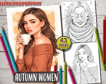 Autumn Women Grayscale Coloring Book: Elegant Fall Fashion (PDF Download)