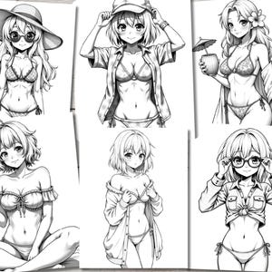 May include: A collection of six black and white illustrations of anime women in various poses. Each woman is wearing a different outfit, including a swimsuit, a shirt, and a dress. The illustrations are drawn in a realistic style.