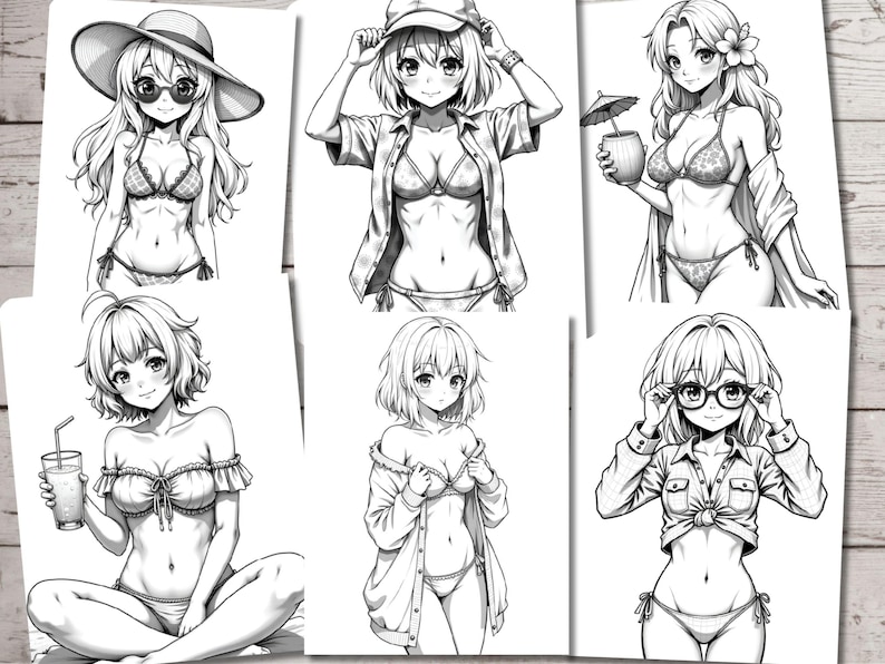 May include: A collection of six black and white illustrations of anime women in various poses. Each woman is wearing a different outfit, including a swimsuit, a shirt, and a dress. The illustrations are drawn in a realistic style.