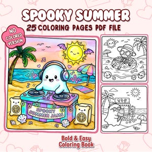 以下が含まれることがあります： 「Spooky Summer」の塗り絵本、25ページ分のデジタルダウンロード。表紙には、ビーチでDJをするお化けのイラストや、夏のテーマのイラストが描かれています。「Spooky Summer Jams」と「Bold & Easy Coloring Book」の文字が含まれています。