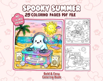 Cute Spooky Summer Beach Coloring Book for Adults & Teens | Kawaii Ghost, Skeleton, Creepy Cute Vacation, Summer Fun, Beach Coloring Pages