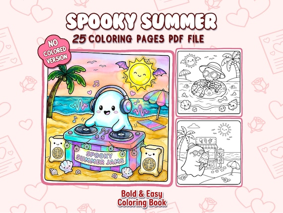 Cute Spooky Summer Beach Coloring Book for Adults & Teens | Kawaii Ghost, Skeleton, Creepy Cute Vacation, Summer Fun, Beach Coloring Pages