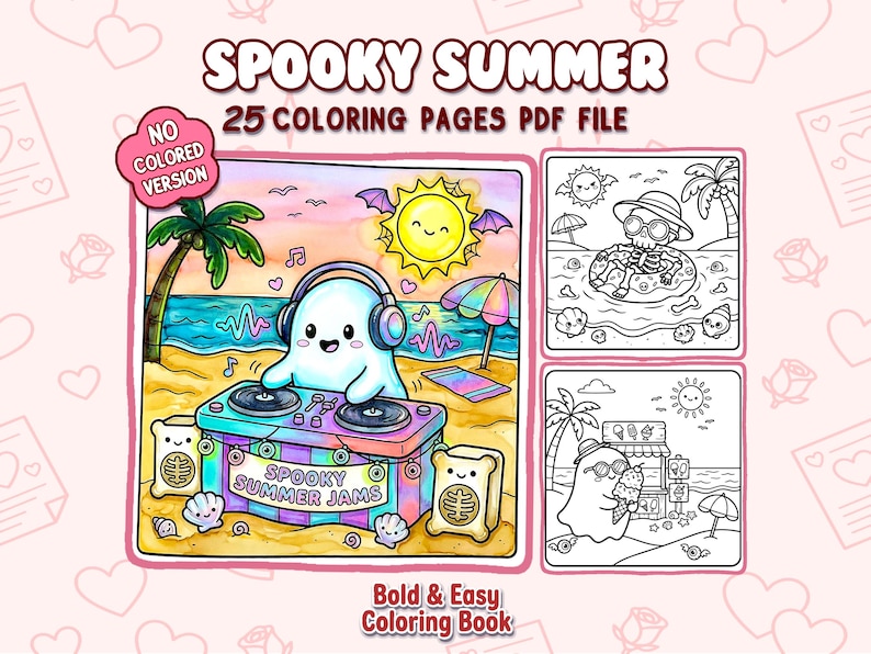 以下が含まれることがあります： 「Spooky Summer」の塗り絵本、25ページ分のデジタルダウンロード。表紙には、ビーチでDJをするお化けのイラストや、夏のテーマのイラストが描かれています。「Spooky Summer Jams」と「Bold & Easy Coloring Book」の文字が含まれています。