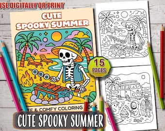 Lindo libro para colorear de verano espeluznante, páginas para colorear con ambientes veraniegos adorables y espeluznantes, actividades de verano hygge para niños y adultos, PDF atrevido y fácil