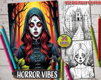 Greyscale Horror Coloring Book: Spooky Fantasy Art (Printable PDF)
