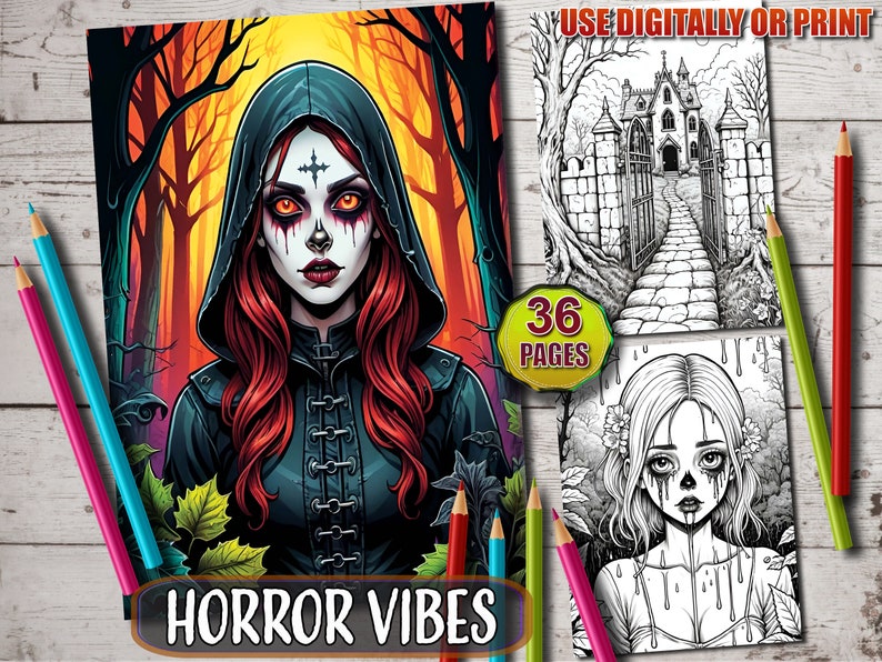 May include: A coloring book with 36 pages featuring horror-themed illustrations. The cover features a woman with red hair wearing a black hooded cloak. The text "HORROR VIBES" is printed on the cover.