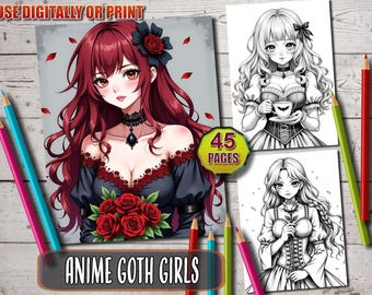 Anime Goth Girls Coloring Book: 45 Dark Fantasy Greyscale Pages (Printable PDF)