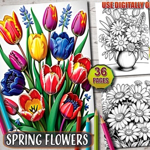 Spring Flowers Coloring Book, Printable PDF, Botanical Floral Plant Coloring Pages, Fantasy Grayscale Coloring Book for Adults and Kids