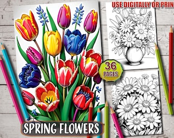 Spring Flowers Coloring Book: 36 Botanical Grayscale Pages (Printable PDF)