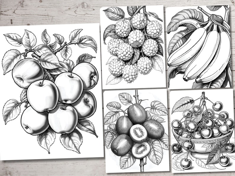 Peut inclure: Illustrations en noir et blanc de diff&eacute;rents fruits, notamment des pommes, des bananes, des cerises, des kiwis et des framboises.