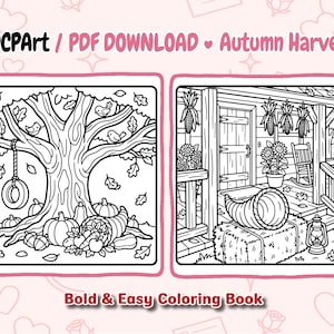 May include: Two black and white coloring pages titled ADCPArt / PDF DOWNLOAD Autumn Harvest. The left page shows a tree with a tire swing, pumpkins, and a cornucopia. The right page depicts a porch with corn, a rocking chair, and a lantern.