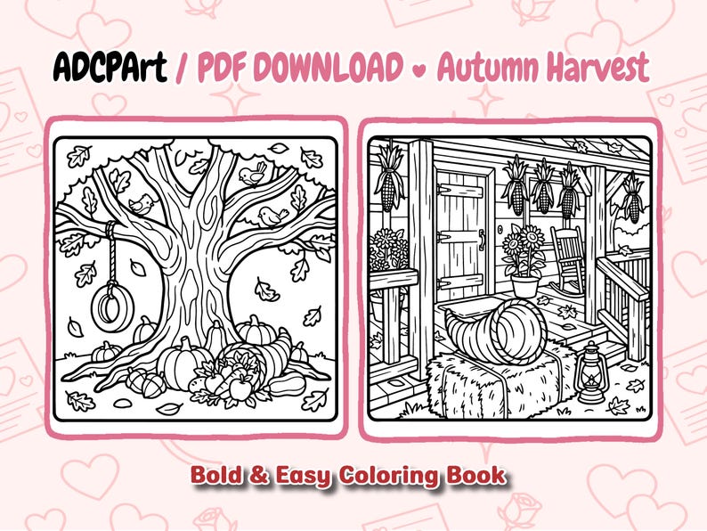 May include: Two black and white coloring pages titled ADCPArt / PDF DOWNLOAD Autumn Harvest. The left page shows a tree with a tire swing, pumpkins, and a cornucopia. The right page depicts a porch with corn, a rocking chair, and a lantern.