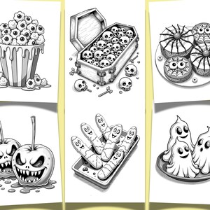 May include: Black and white illustrations of Halloween-themed treats. Includes popcorn with eyeballs, a coffin filled with skulls, spiderweb-decorated cakes, evil-faced apples, smiling finger-shaped cookies, and ghost-shaped treats.