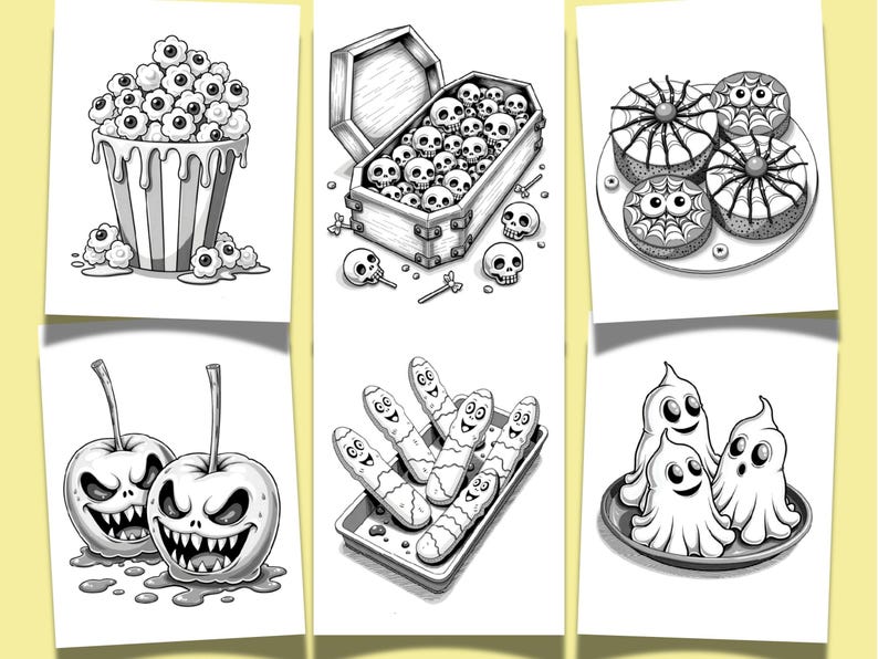 May include: Black and white illustrations of Halloween-themed treats. Includes popcorn with eyeballs, a coffin filled with skulls, spiderweb-decorated cakes, evil-faced apples, smiling finger-shaped cookies, and ghost-shaped treats.