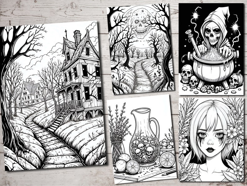 May include: A set of four black and white illustrations featuring spooky and gothic themes. The illustrations include a haunted house, a spooky forest path, a witch's cauldron, and a gothic girl with dark eyes.