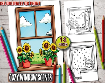 Cozy Window Scenes Coloring Pages: Kawaii Landscapes (Printable PDF)