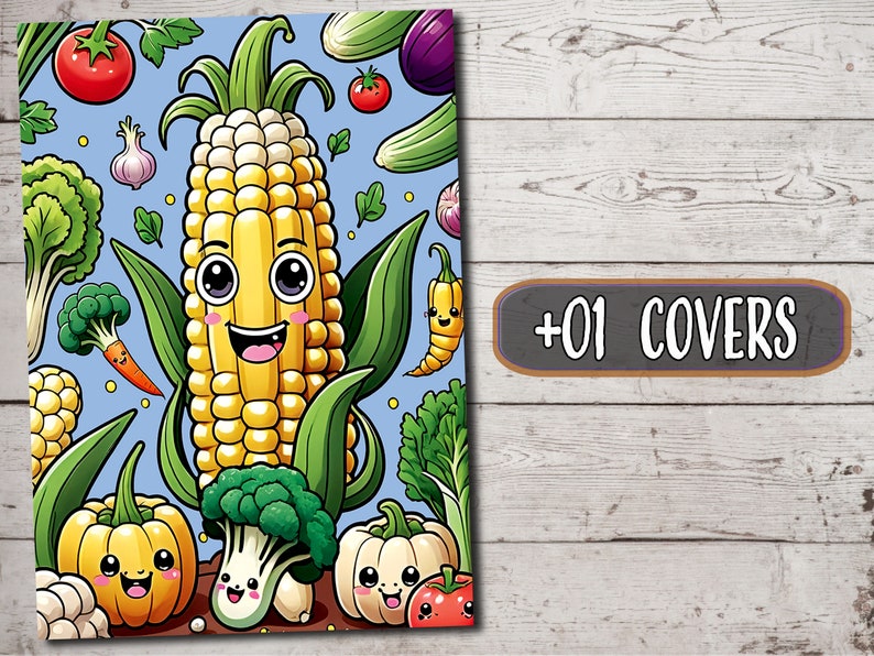 May include: A colorful illustration of a cartoon corn on the cob with a smiling face surrounded by other vegetables like broccoli, pumpkins, and carrots. The text '+01 COVERS' is at the top of the image.