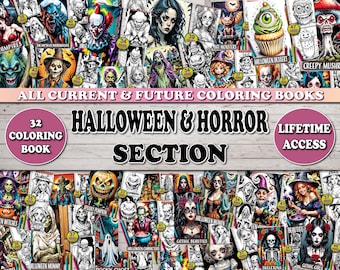 May include: A collage of 32 Halloween and horror coloring book covers. The covers feature various spooky and creepy illustrations, including vampires, monsters, skulls, and witches. The text "Halloween & Horror Section" is displayed in large, bold letters.