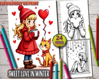 Valentine's Coloring Book: Cozy Winter Cuties, Grayscale Pages (PDF)