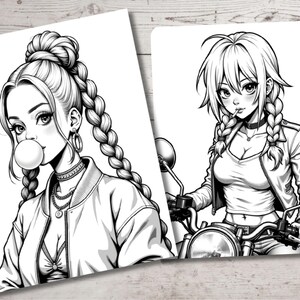 May include: Black and white line art illustration of two women. One woman has long braids and is blowing a bubble. The other woman is wearing a leather jacket and is riding a motorcycle.